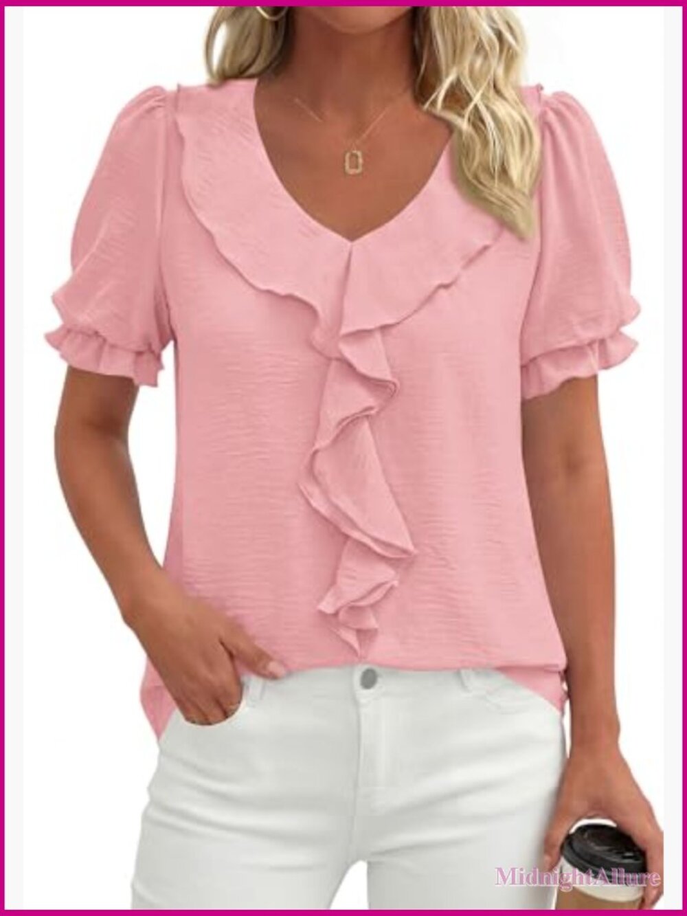 Puff Sleeve V Neck Ruffle Blouse - Short Sleeve Dressy Casual Top - Picture 2 of 7